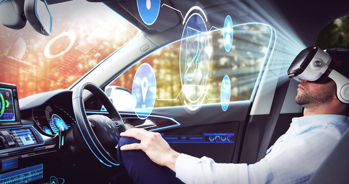 Image of icons over businessman wearing vr headset in self driving car