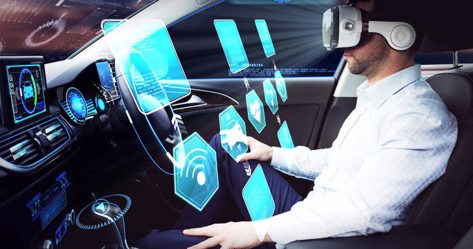 Image of icons over businessman wearing vr headset in self driving car