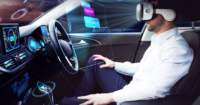 Image of speech bubbles over businessman wearing vr headset in self driving car