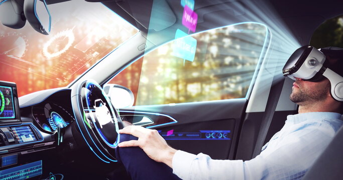 Image of icons over businessman wearing vr headset in self driving car