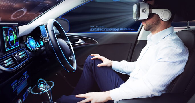 Image of data processing over businessman wearing vr headset in self driving car