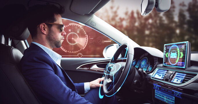 Image of scope scanning over businessman wearing vr headset in self driving car