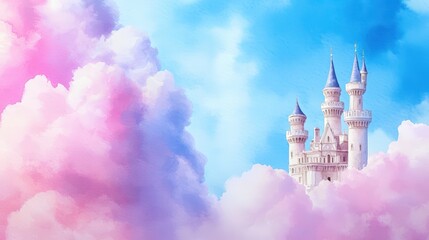 A majestic white fairytale castle sits serenely amidst fluffy pink and blue clouds in a dreamy whical landscape perfect for children's book illustrations and fantasy themed
