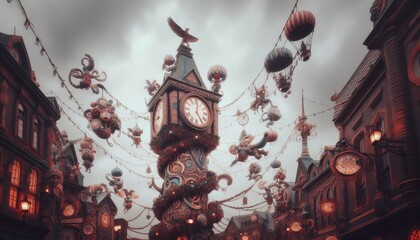 Fototapeta premium Overcast Sky with themed decorations and a clock tower