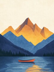 Mountain serenity a vibrant canoe scene in the majestic alps minimalist art tranquil waters horizon view