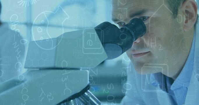 Image of chemistry scientific data over male scientist using microscope