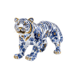 Fototapeta premium Porcelain Tiger Figurine with Blue and White Floral Design and Gold Accents