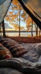 Autumn camping experience cozy tent view lakeside nature photography serene environment inside perspective