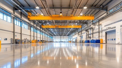 Massive Industrial Factory Interior with Overhead Crane and Space