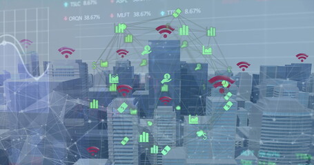 Image of connected technological icons over a cityscape