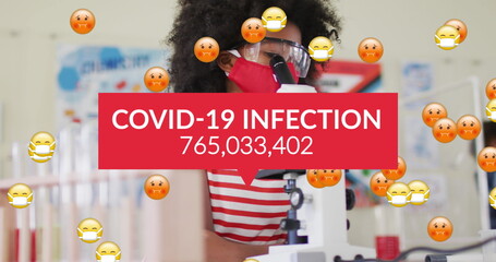 Image of covid 19 infection numbers and emojis with masked schoolchild in class