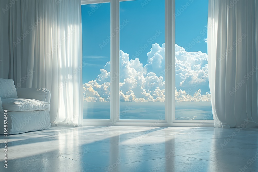 Poster a serene living space with soft light streaming through large windows, showcasing a beautiful sky an
