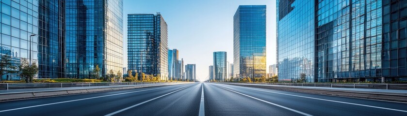 Fototapeta premium Low Angle Shot of an Empty Highway with Modern Buildings