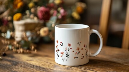 Fototapeta premium Floral Mug on Wooden Table