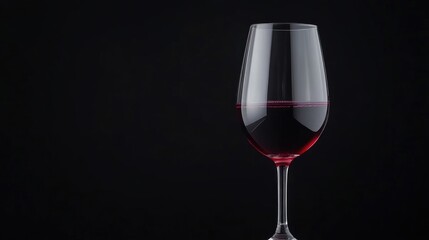 Single glass of red wine on black background.  A clear wine glass filled with ruby red wine is presented against a deep black backdrop. 