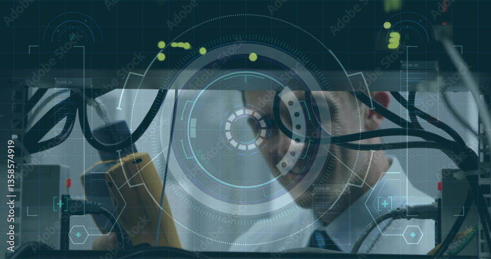 Aufkleber image of scope scanning and data processing over man checking computer server