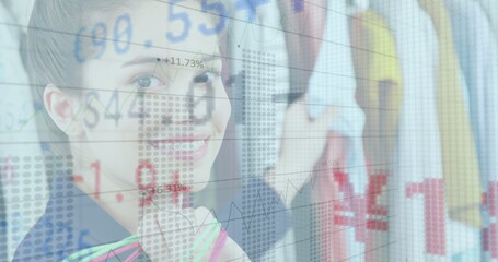 Image of numbers changing and statistics recording over woman clothes shopping