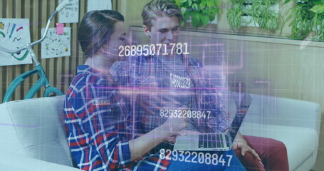 Image of numbers changing and data processing over couple shopping online