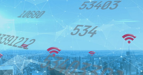 Image of numbers and net icons floating over a cityscape