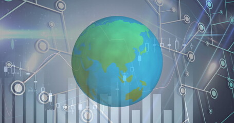 Image of globe spinning with graph rolling over microprocessor connections