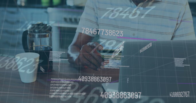 Image of numbers changing and financial data processing over man paying online using laptop