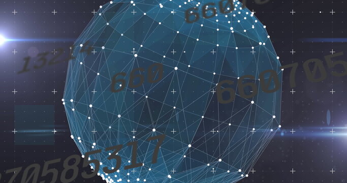 Image of numbers changing over globe with network of connections in background