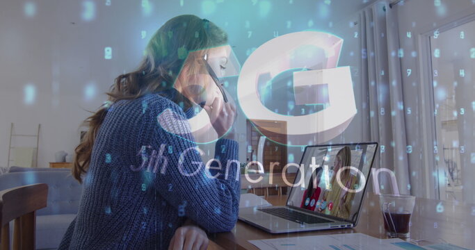 Image of 5g 5th generation text over woman using laptop on image call in background