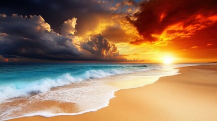 Fototapeta premium A breathtaking sunset casts vibrant hues of orange, pink, and purple across the sky, reflecting on the tranquil ocean. Gentle waves lap against a sandy beach, creating a serene atmosphere.