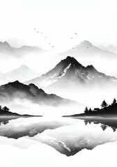 Japanese landscape background with traditional sumi-e painting style