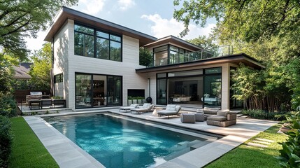 Fototapeta premium A beautifully designed modern home showcasing a tranquil backyard with a sparkling pool, complemented by sleek outdoor furniture and lush greenery. 