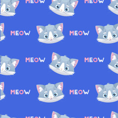 Seamless pattern cute gray cat on blue background. Word meow.