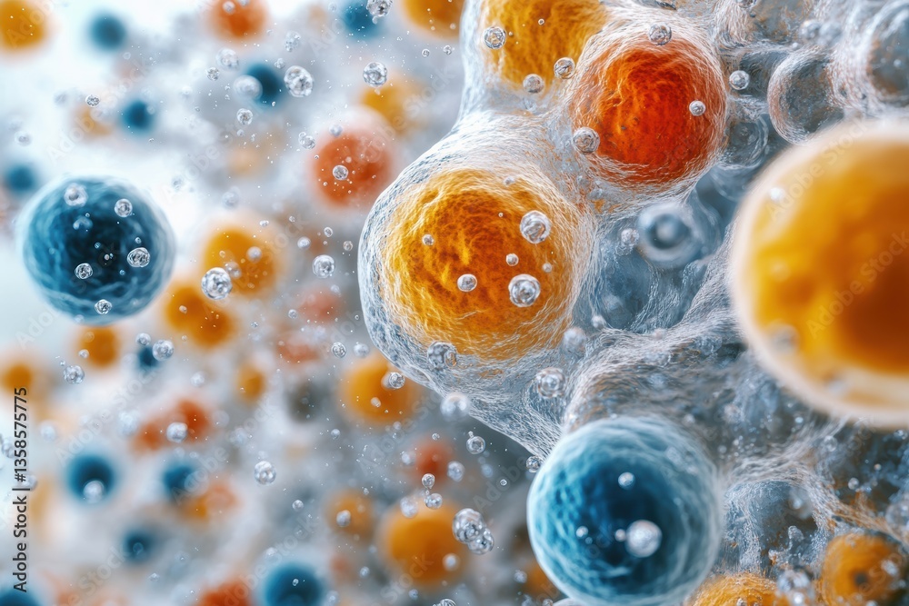Poster A stunning close-up view of colorful microbe cells showcasing the intricate details of cellular structures in a vibrant environment.