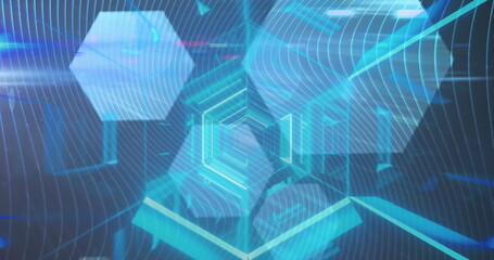 Digital image of blue glowing tunnel against hexagonal shapes on blue background