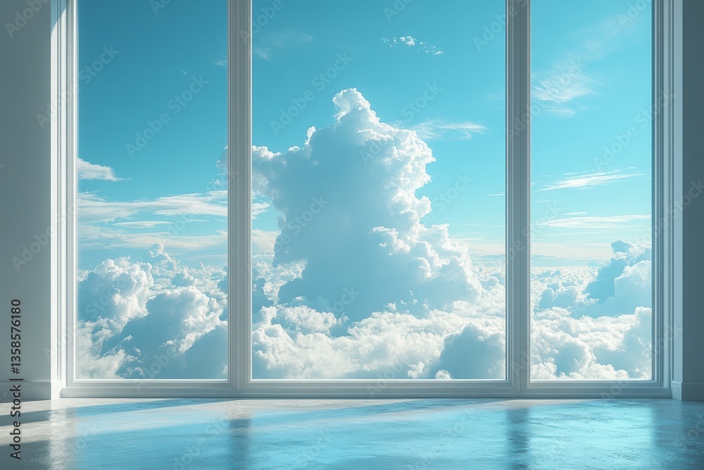 Poster a stunning view of a bright blue sky filled with fluffy clouds through a large glass window, creatin