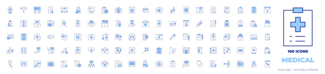 100 Medical Icons Collection. Line Duotone style, editable stroke. spine, pills, drug, medicine, cytology, injury, tomography, ultrasonography, operating room, tooth