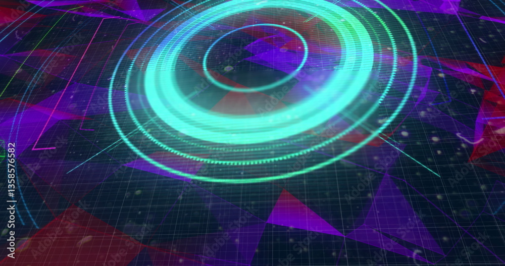 Poster digital image of round scope scanner against plexus network on blue background