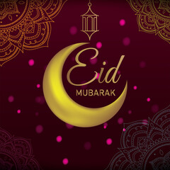 Eid Mubarak banner, Eid Mubarak  poster, Eid Mubarak card, Eid Mubarak template with lump, shine pink dots, mandala design, golden typography with beautiful dark red background with vector  