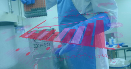Image of digital interface statistics and hands of scientist using equipment in lab