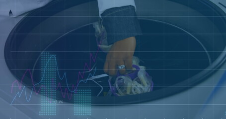 Image of digital nterface and statistics with hand of scientist using equipment in lab
