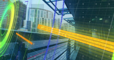 Digital composite of image of round scope scanner over grid network against city traffic