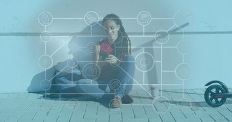 Image of data processing over woman checking smartphone during exercise