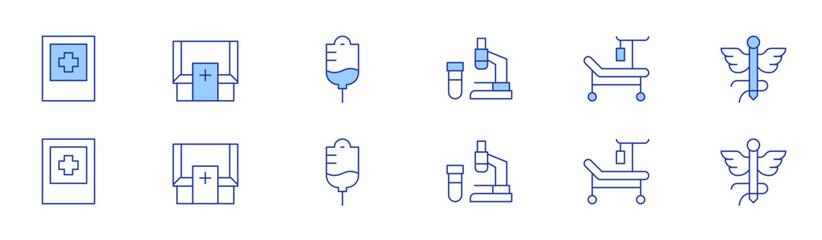 Medical icon set in two styles, Duotone and Thin Line style. Editable stroke. hospital sign, medical appointment, medical, laboratory, hospital bed, pharmacy