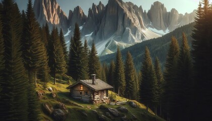 A hermit living in a secluded mountain cabin surrounded by tower