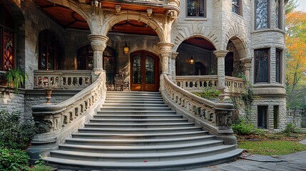 Naklejka premium A breathtaking home with a porch adorned with beautifully curved arches and intricate stonework, setting a tone of grandeur and opulence. 