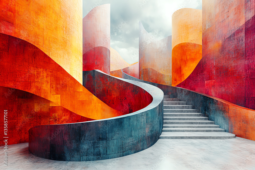 Aufkleber a vibrant, abstract architectural design featuring swirling paths and colorful structures under a dr