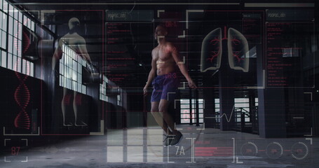 Image of medical data processing over man uping with jumping rope