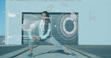Image of digital data processing over woman stretching, exercising outdoors