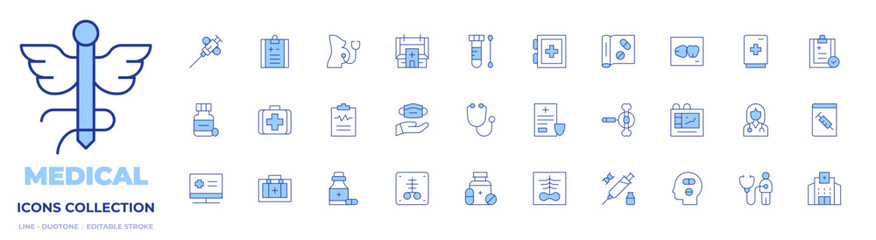 Medical icons collection. Line Duotone style, editable stroke. pregnancy, syringe, biopsy, bones, medicine, pill, cardiogram, medication, medical appointment