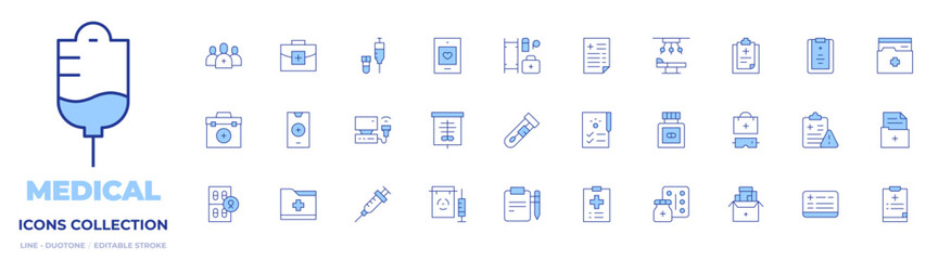 Medical icons collection. Line Duotone style, editable stroke. medicine, cytology, ultrasonography, operating room, injection, vaccine, x rays, medical