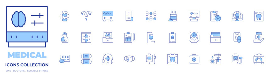 Medical icons collection. Line Duotone style, editable stroke. spine, pills, drug, injury, tomography, blood transfusion, holter, blood bag, pap smear, tooth